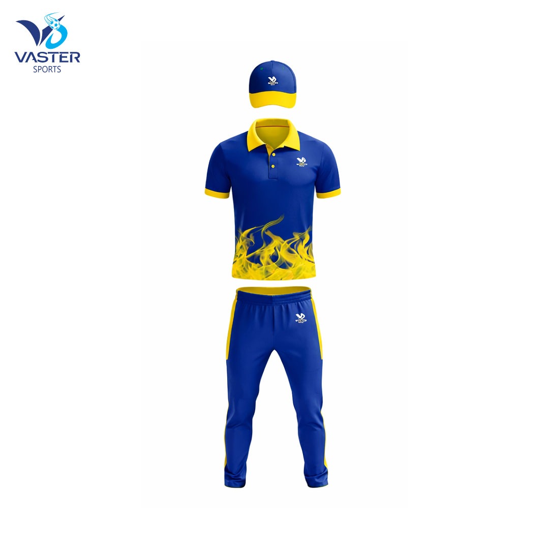 Custom cricket team uniform with jersey, trousers, and cap designed for professional team wear