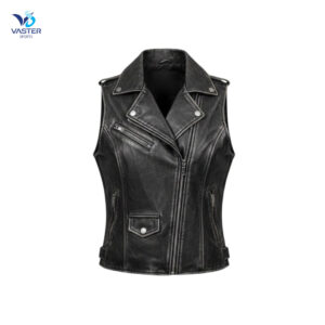 Biker leather vest for women front view showing structured athletic fit