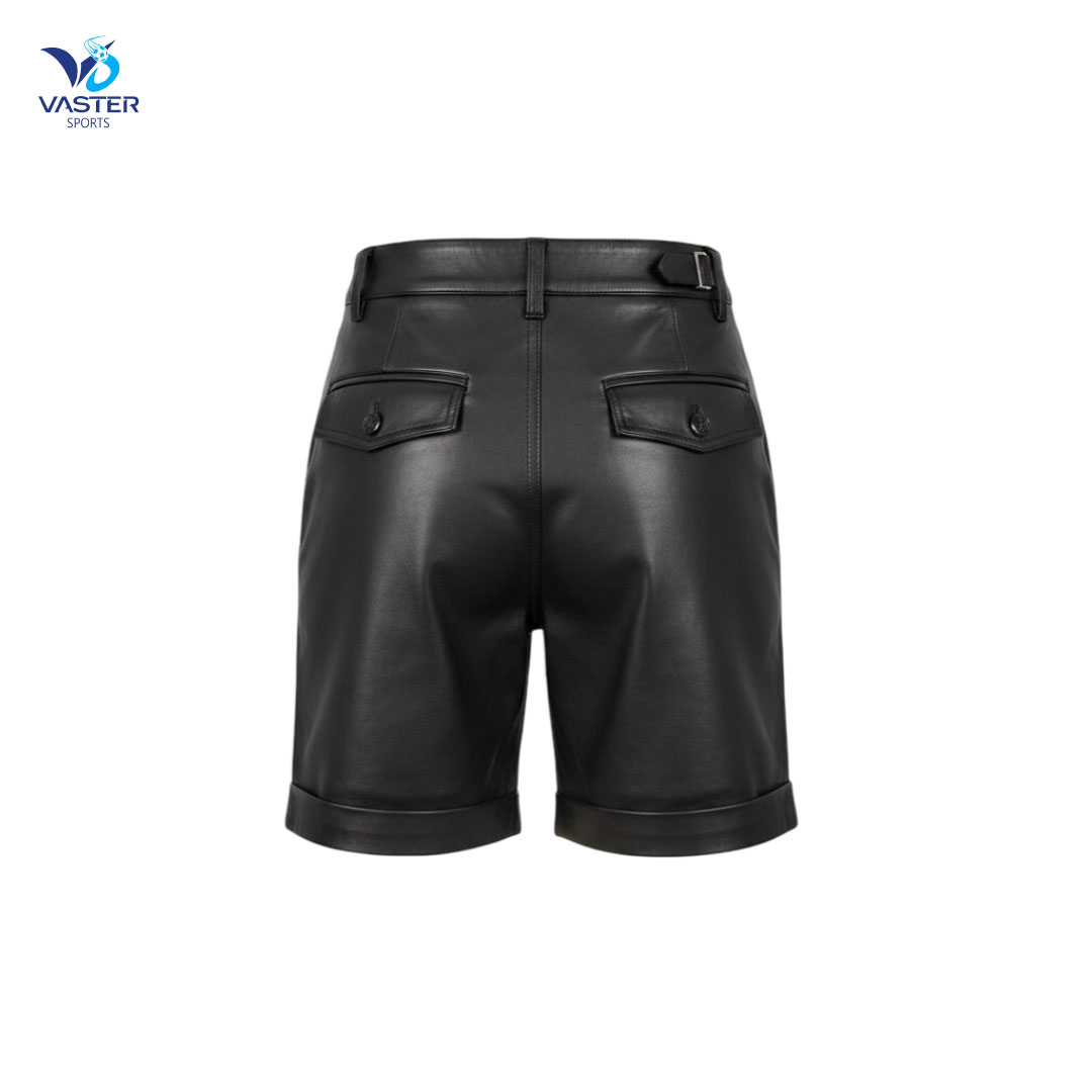 Women leather shorts back view highlighting reinforced stitching and smooth leather finish