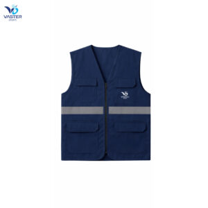 High visibility navy work vest with reflective strip and utility pockets