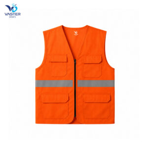 High visibility orange safety work vest with reflective strip and utility pockets