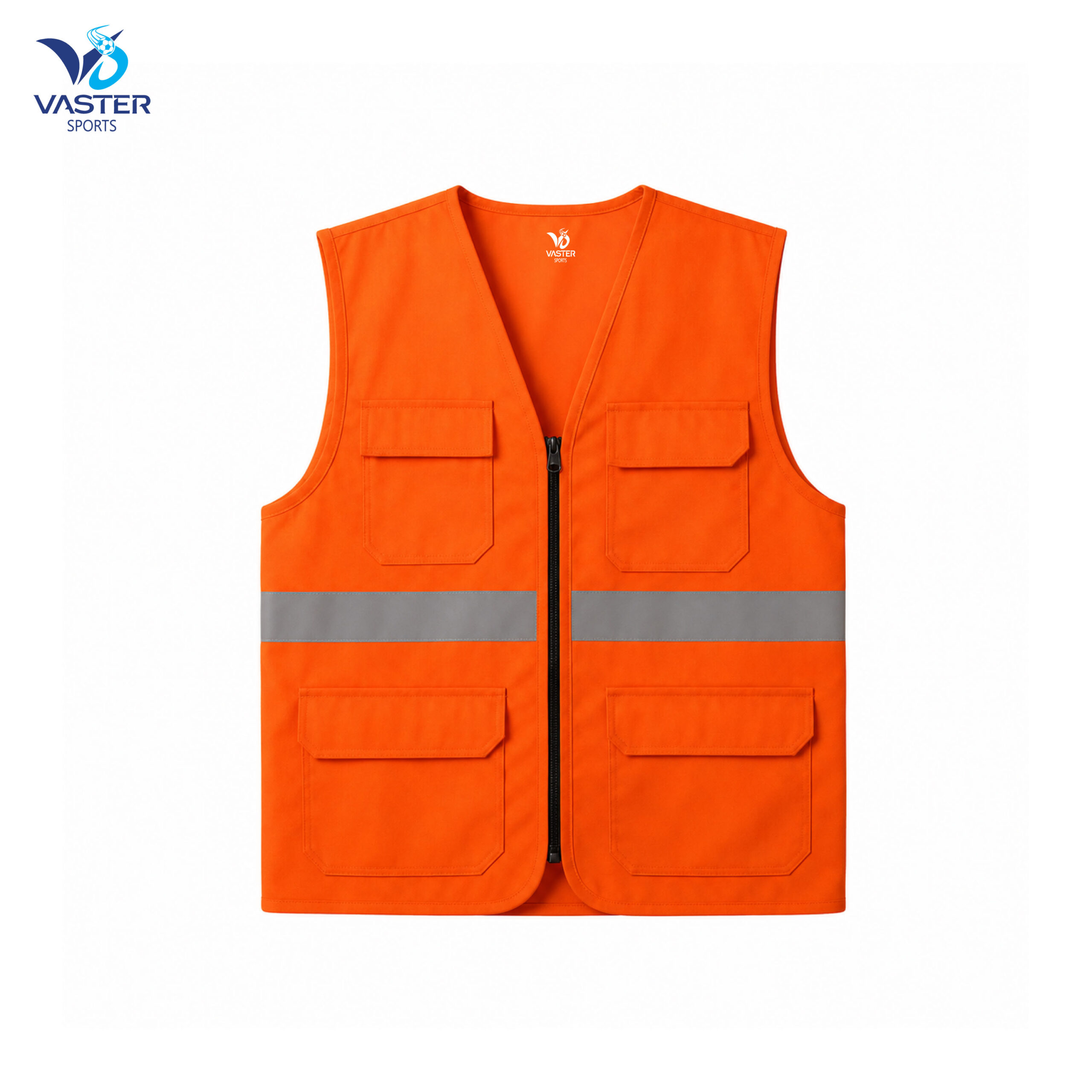 High visibility orange safety work vest with reflective strip and utility pockets