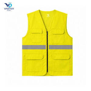 High visibility yellow reflective safety work vest with utility pockets