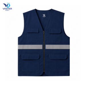 High visibility navy work vest with reflective strip and utility pockets