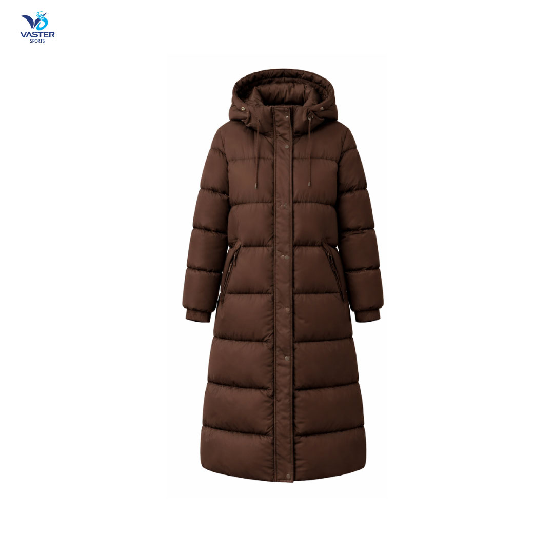 Women’s long puffer jacket with hood designed for winter casual wear