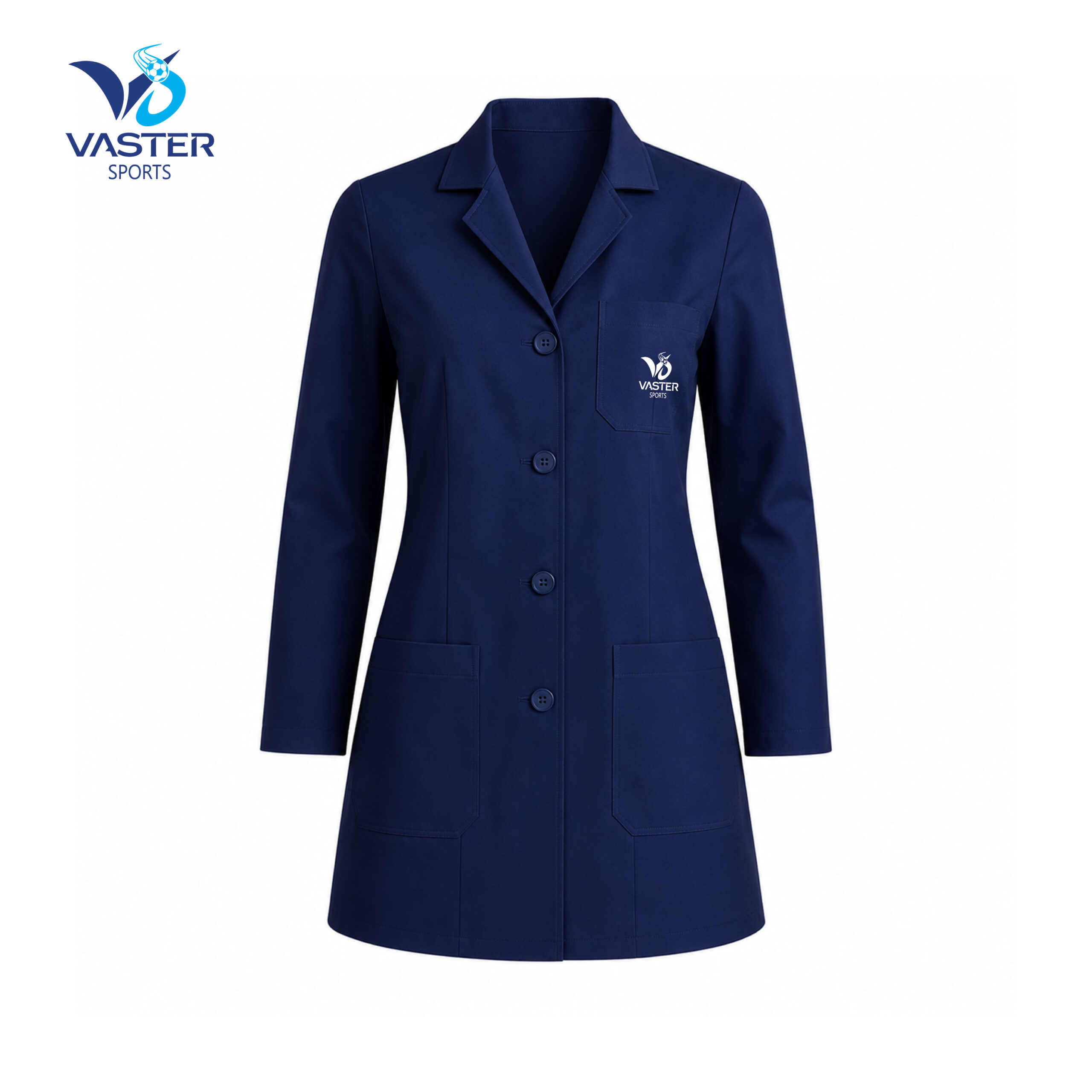 Navy women medical lab coat with tailored professional fit