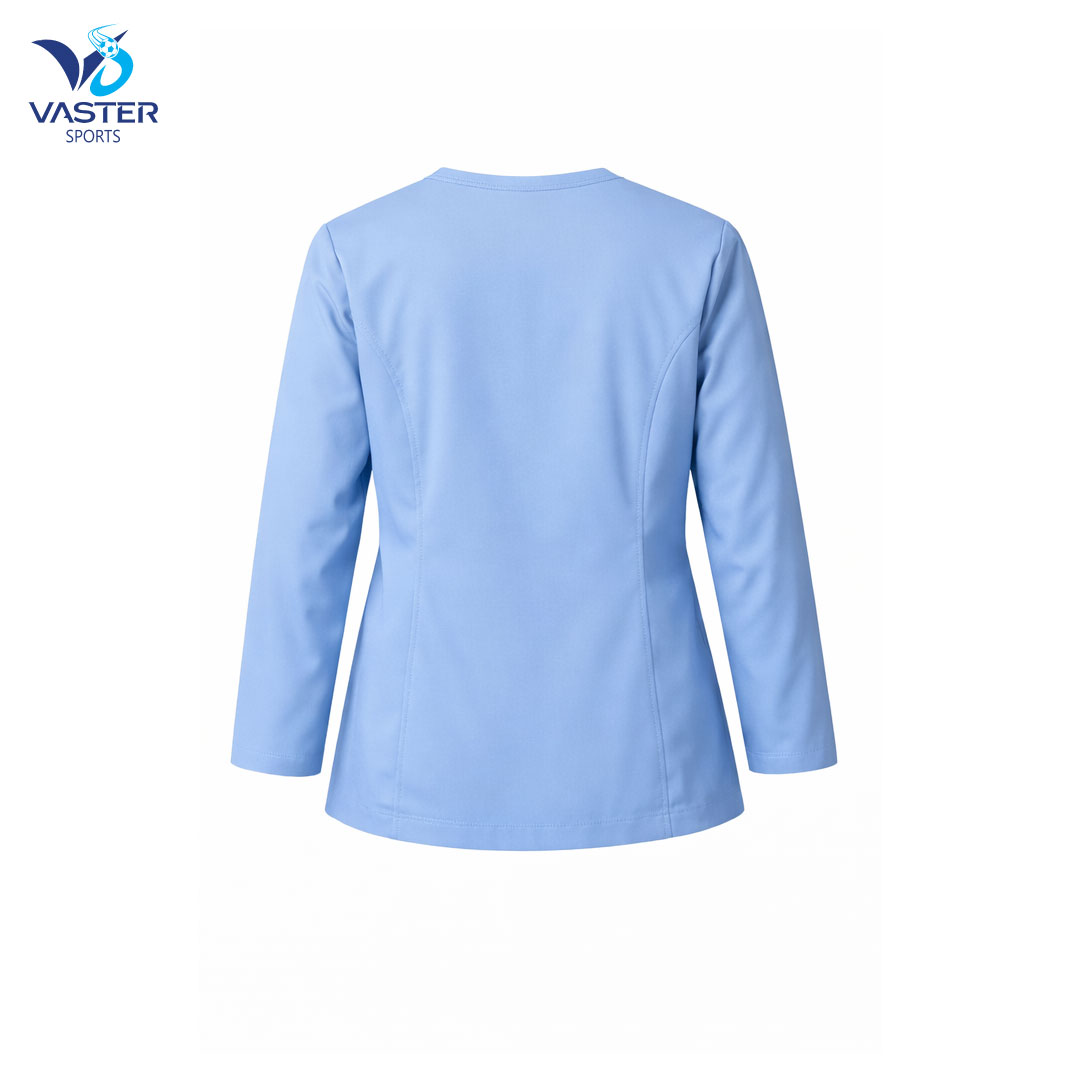 Back view of women medical performance jersey highlighting stretch fabric and tailored fit