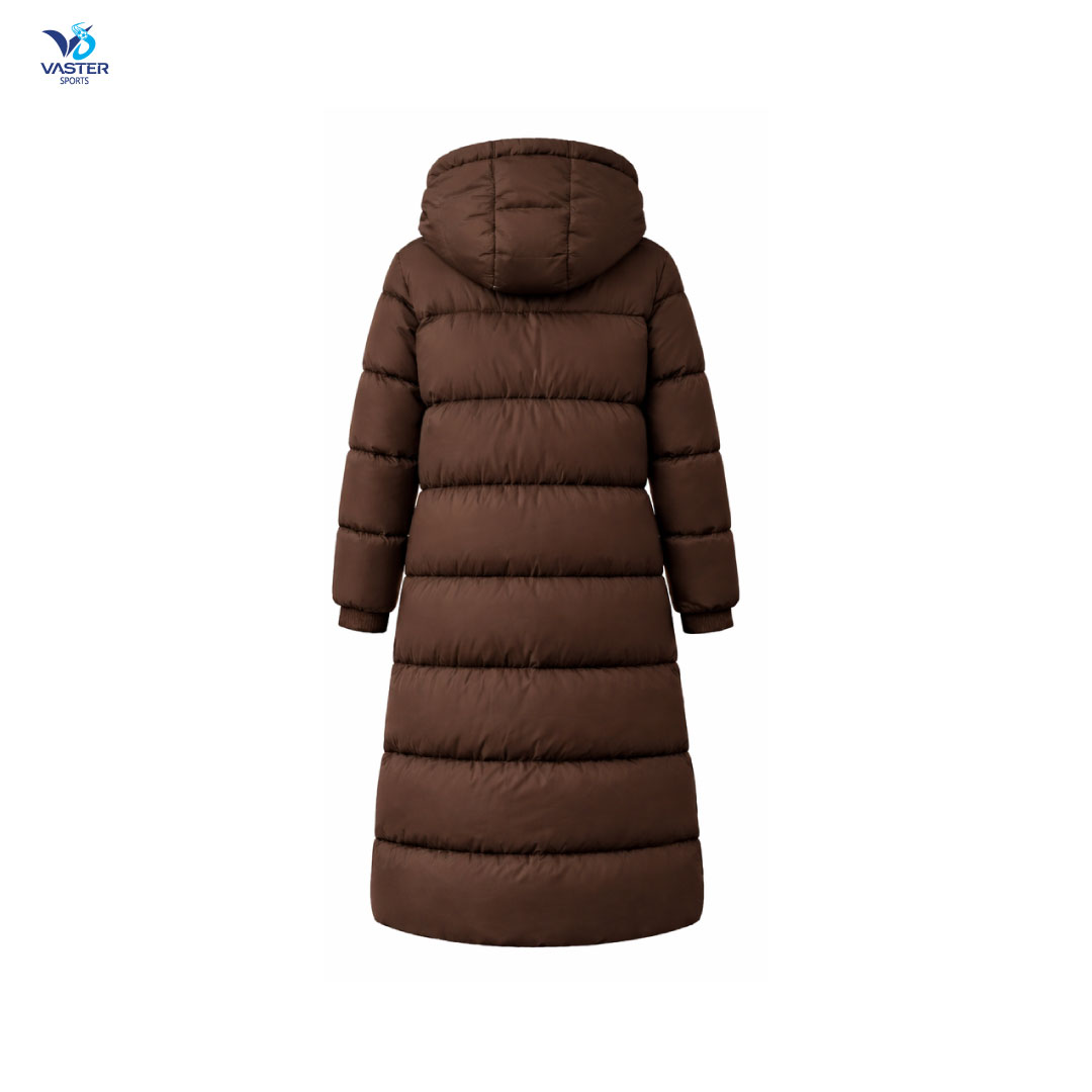 Back view of women’s quilted long puffer jacket showing winter insulation design