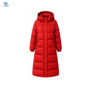 Women’s hooded long puffer jacket designed for winter casual wear