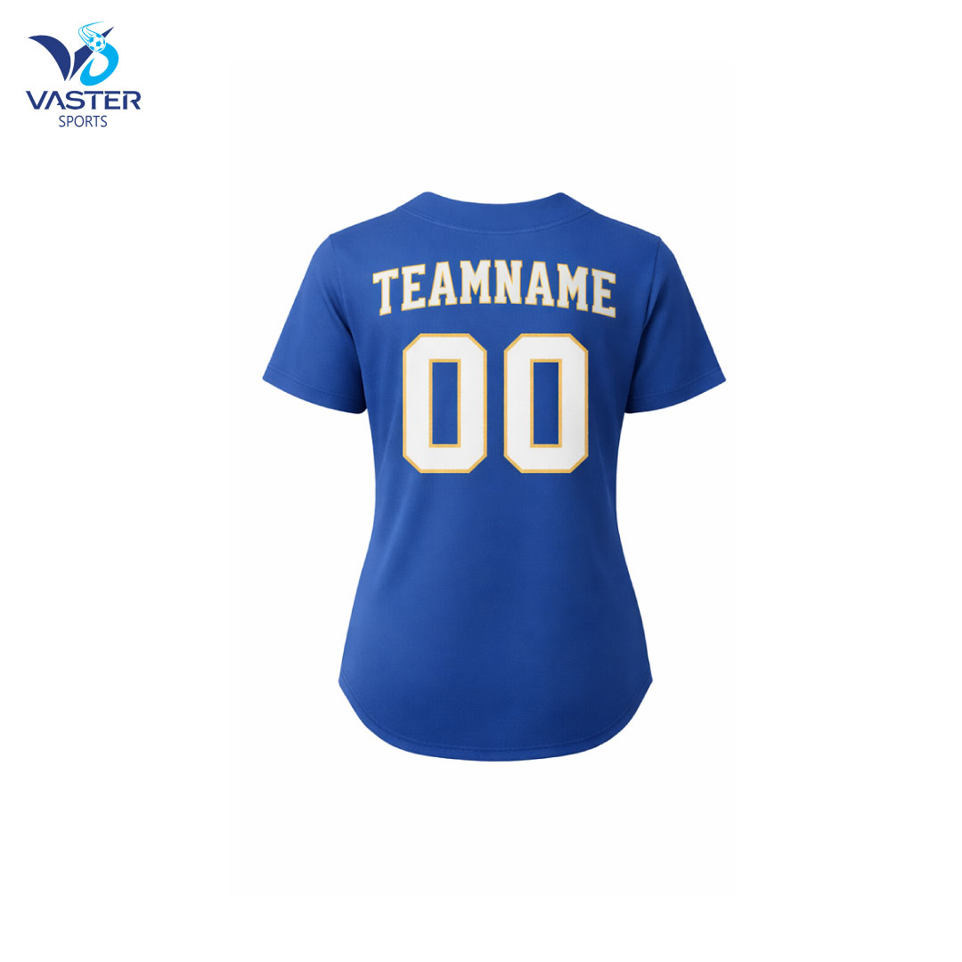 Back view of women button down baseball jersey with player name and number customization