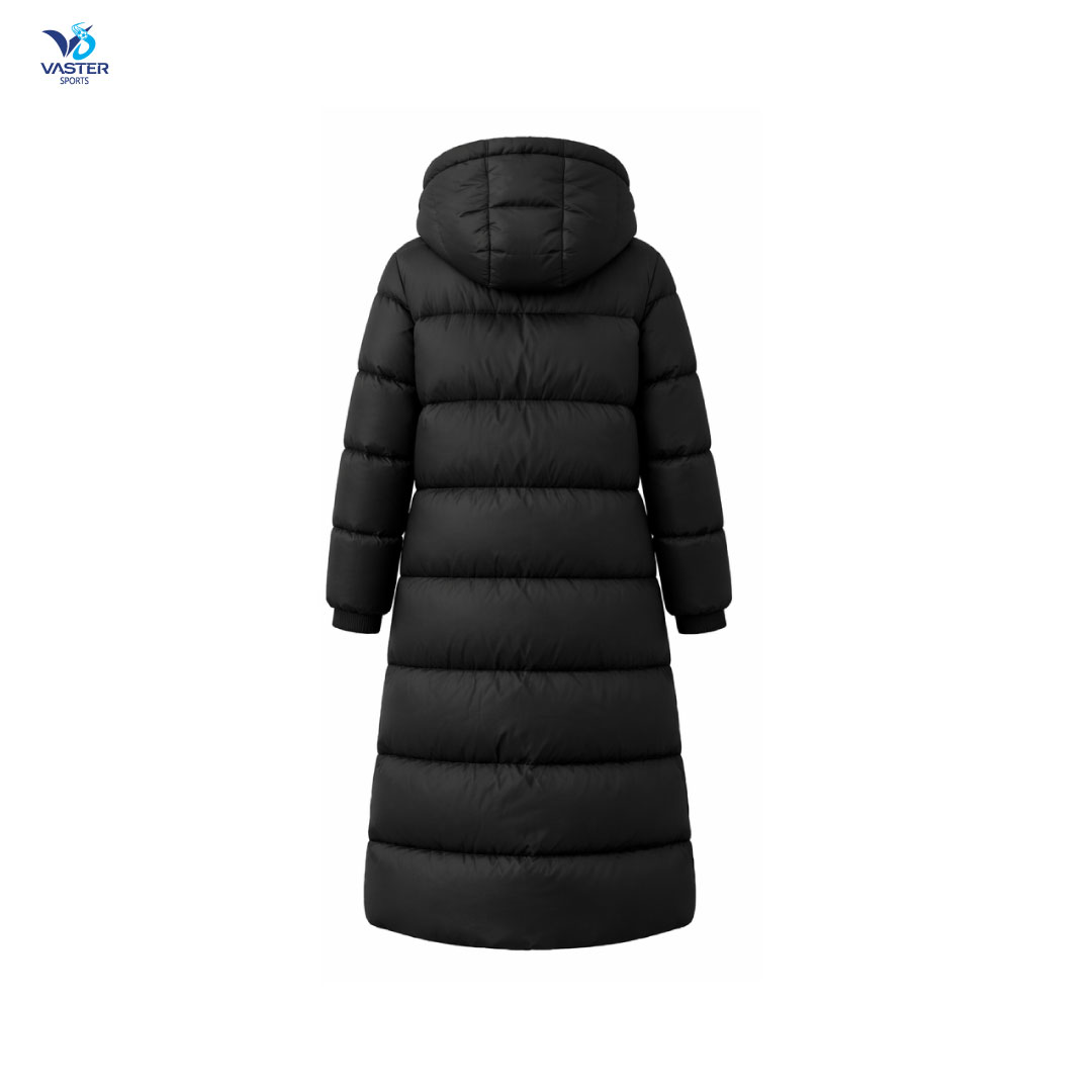 Back view of women’s long insulated puffer jacket showing quilted winter style