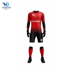 Sublimated goalkeeper uniform kit with jersey, shorts, and socks for professional soccer teams