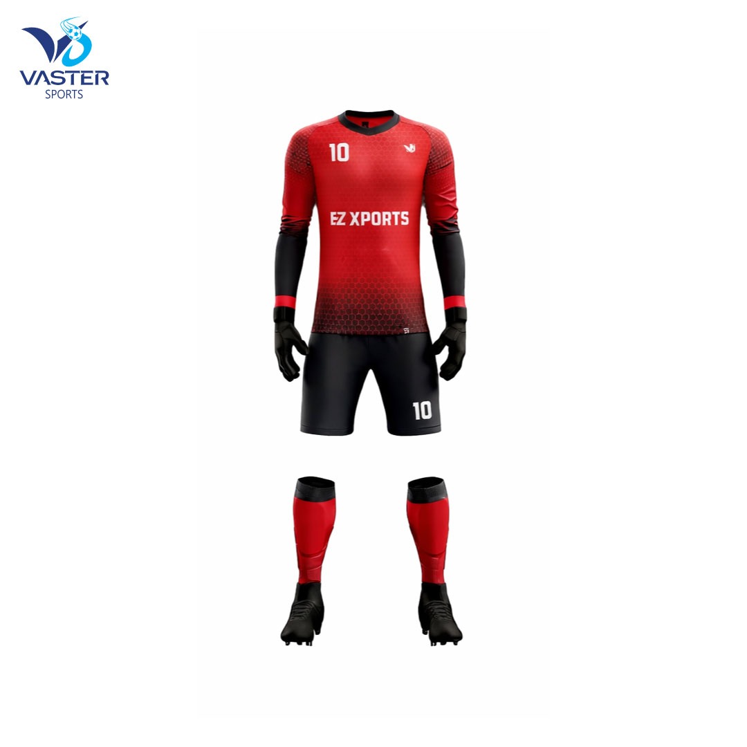 Sublimated goalkeeper uniform kit with jersey, shorts, and socks for professional soccer teams