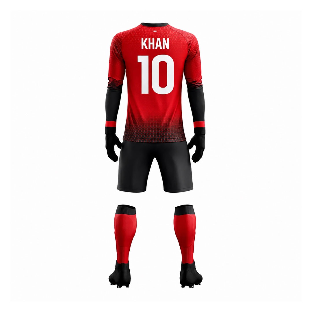 Sublimated goalkeeper uniform kit with jersey, shorts, and socks for professional soccer teams