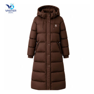 Women’s long puffer jacket with hood designed for winter casual wear