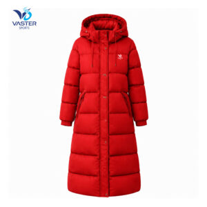 Women’s hooded long puffer jacket designed for winter casual wear
