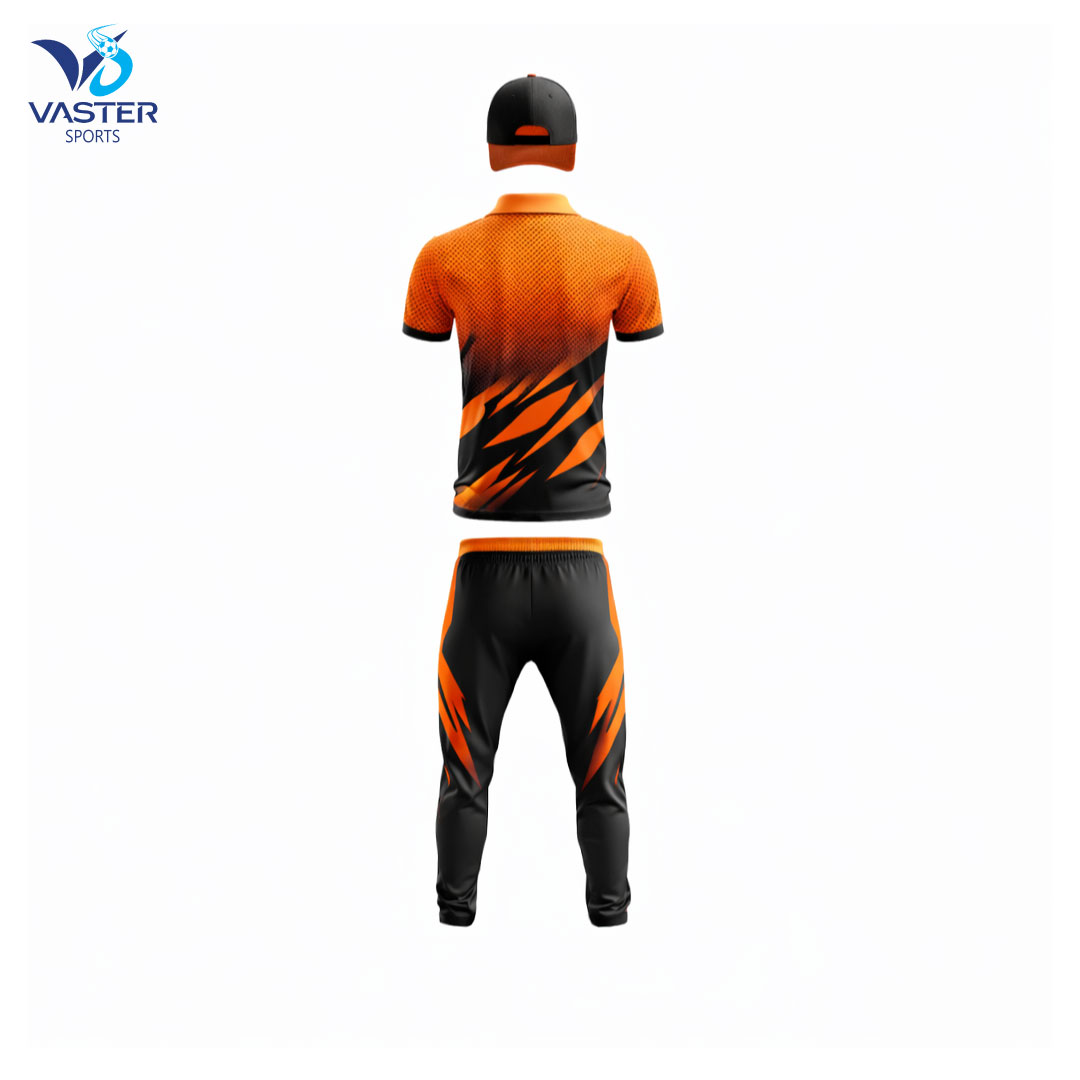 Back view of custom cricket uniform showing player name and number printing