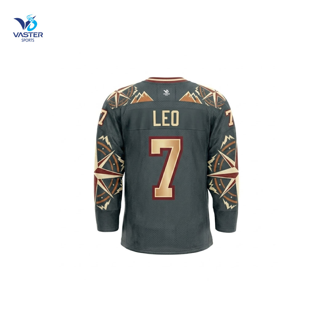 Back view of custom ice hockey jersey showing player name and number