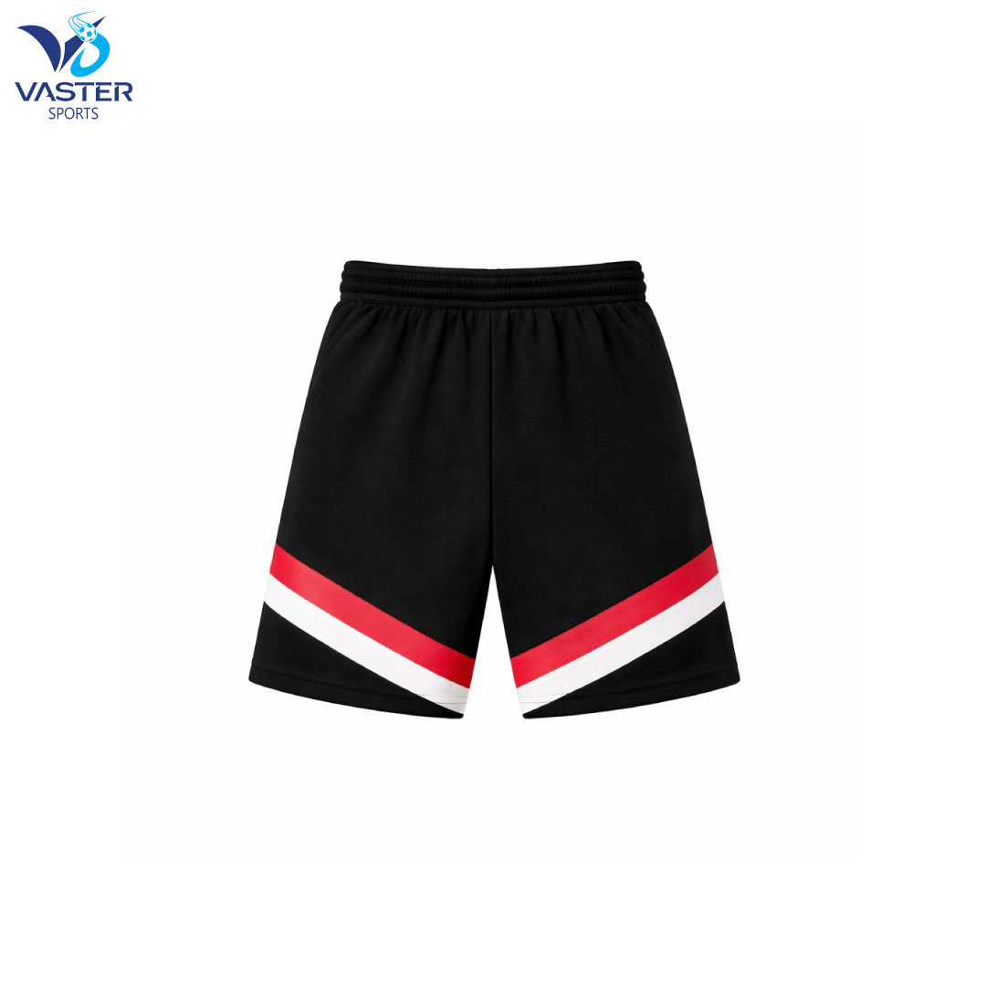 Front view of custom basketball shorts with elastic waistband and team design
