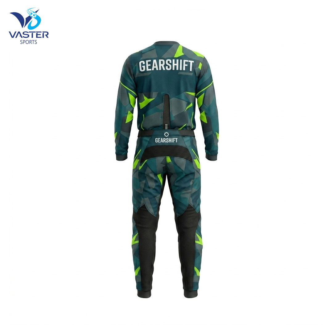 Back view of FlowRide motocross race kit showing rider name and number customization