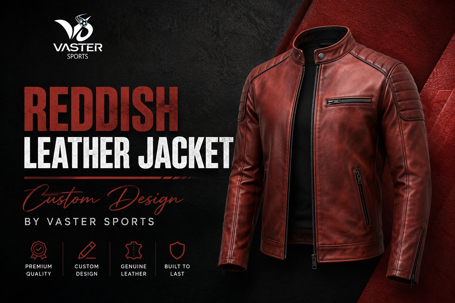 Premium reddish leather jacket custom sportswear design by Vaster Sports