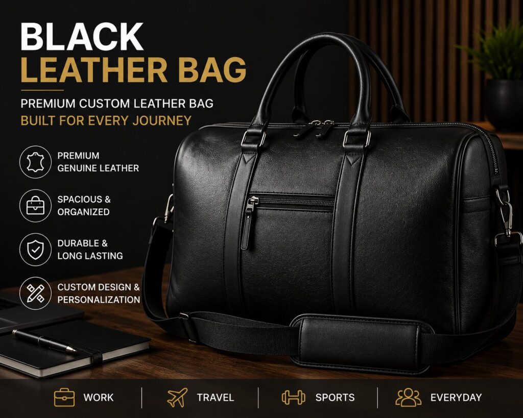 Premium black leather bag for work, travel, sports, and everyday use.
